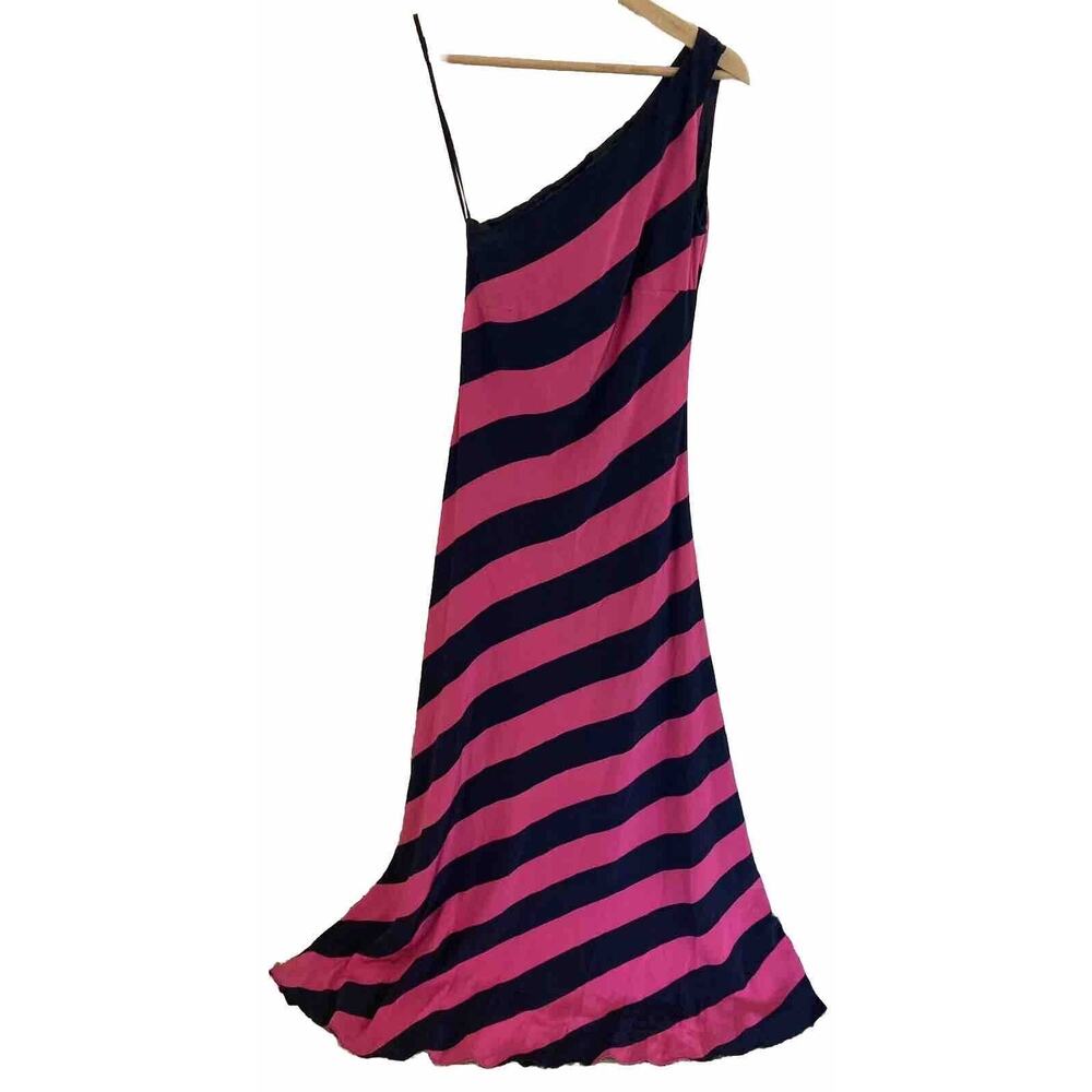 Vtg 90s Y2k Lauren Ralph Lauren 100% Silk Maxi Dress Size 4 One Shoulder Striped